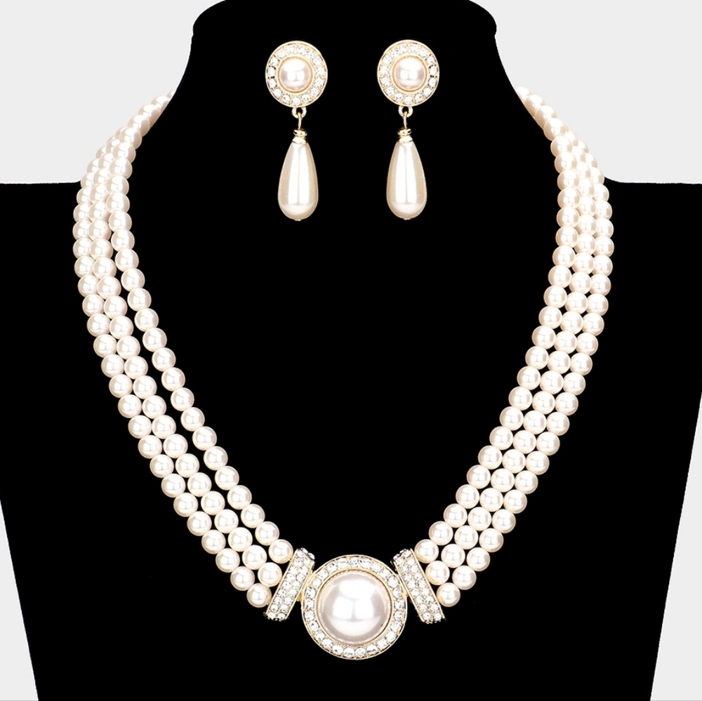 Cream Gold Pearl Formal Rhinestone Crystal Set Trimmed Jewelry Style